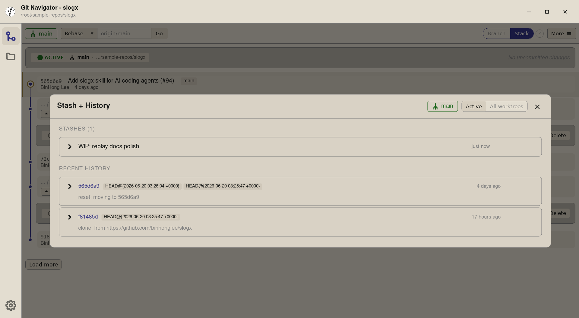 Step 1 — Open More → Stash + History and the overlay shows every stash on the repo with its message and age — WIP: replay docs po