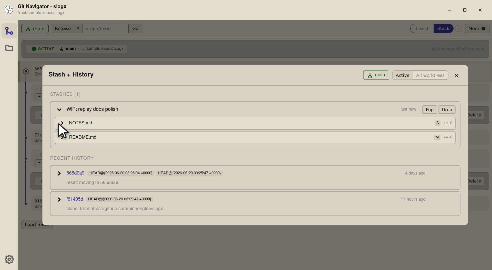 Step 3 — Expanding the row lists the files the stash touches. Click any of them and the same row reveals the diff for that file —