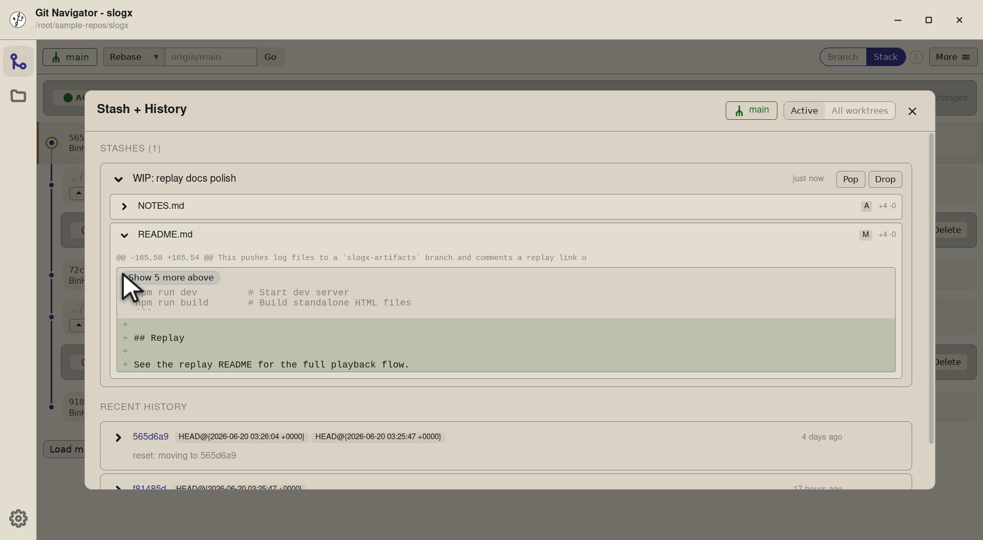 Step 4 — The diff renders with the same hunk display the diff view uses elsewhere, so you can read the stash without leaving the 
