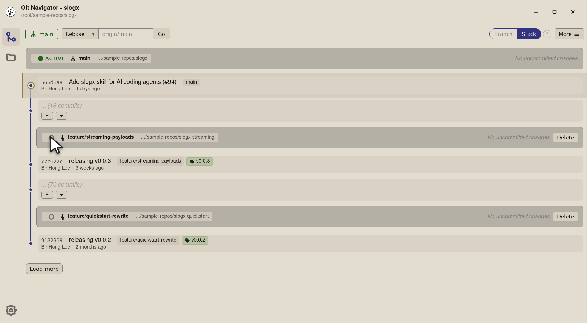 Step 1 — The stash sits at stash@{0} on the repo. The active worktree right now is slogx (main) — but we want the stash to land o