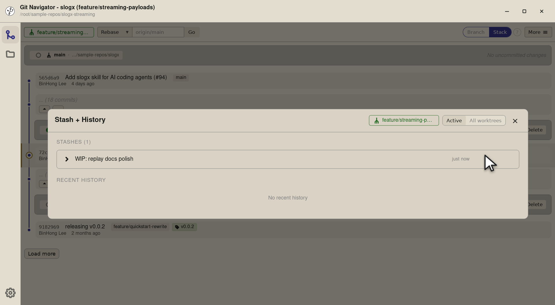 Step 3 — Open the overlay and the stash list is the same — stashes are repo-global. The Pop button runs against whichever worktre
