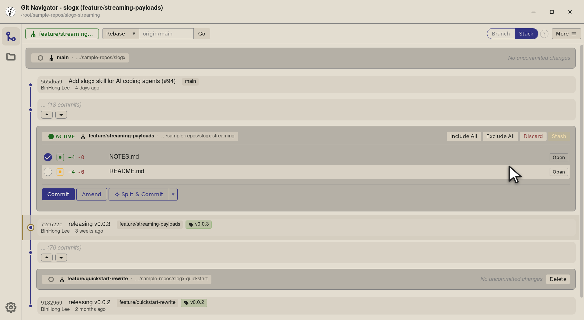 Step 4 — Pop lands the stashed changes on the streaming worktree — its uncommitted-changes panel fills with the files you stashed