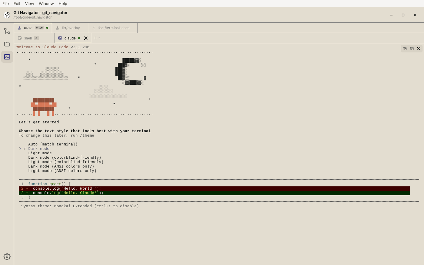 An agent in a tab — Claude Code running in its own tab, in the worktree's directory, right next to the shell tab. This capture shows a first