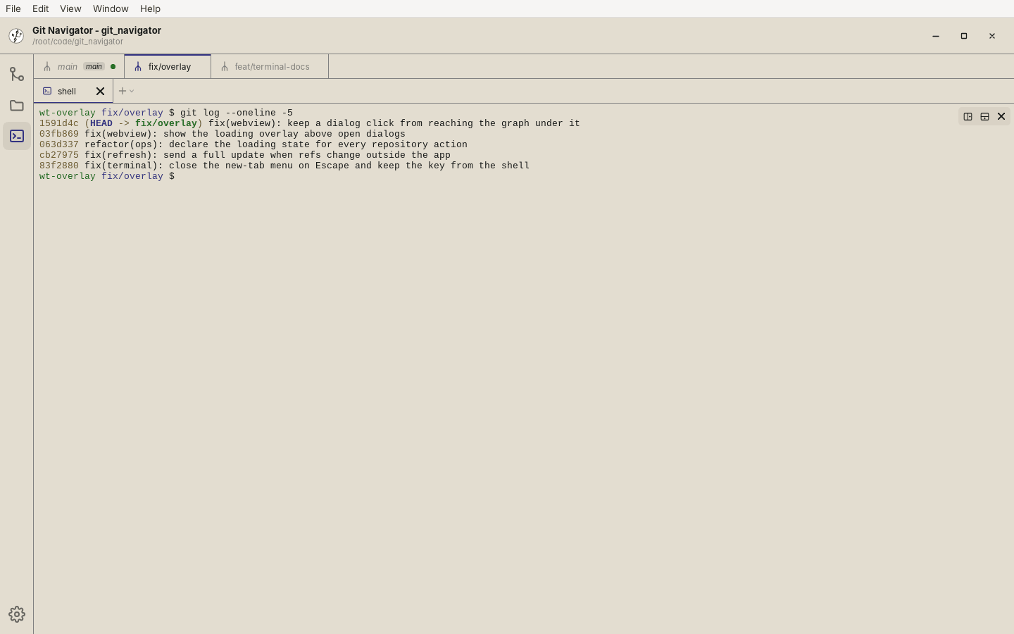 Switch worktrees — Selecting fix/overlay in the worktree strip opens that worktree's own tab set, with the shell already in its directory. 