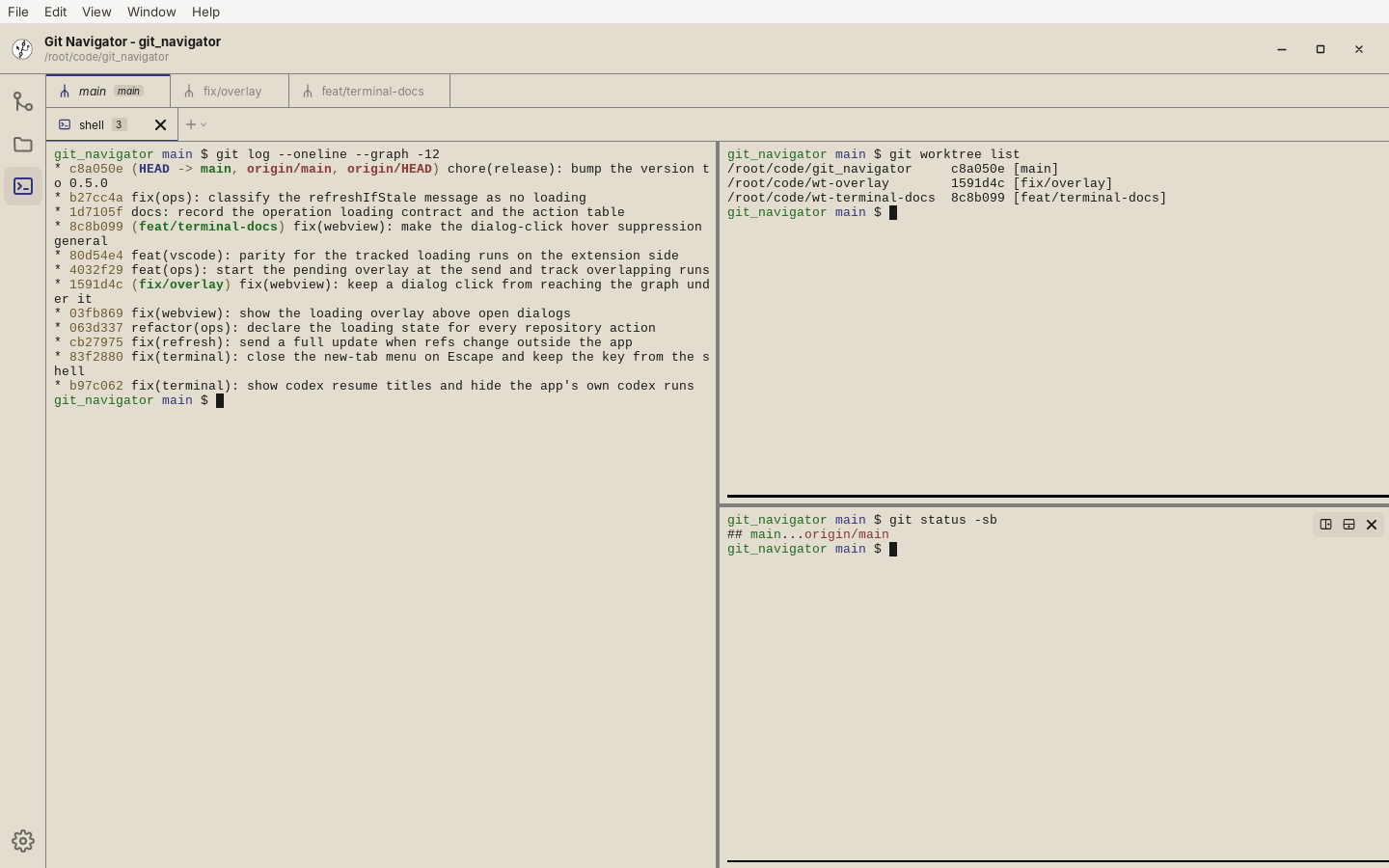 Git Navigator's Terminal activity: worktree tabs on top, a shell tab split into three panes running git log, git worktree list, and git status