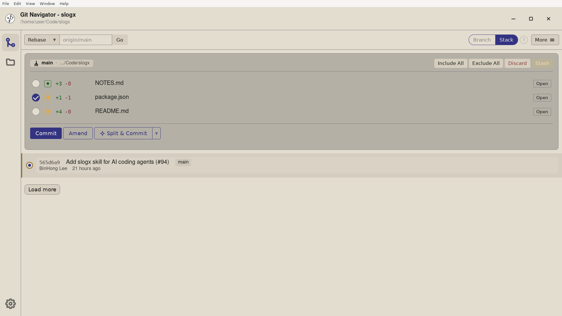 Git Navigator showing the uncommitted changes panel above the commit graph, with staged, unstaged, and untracked files listed