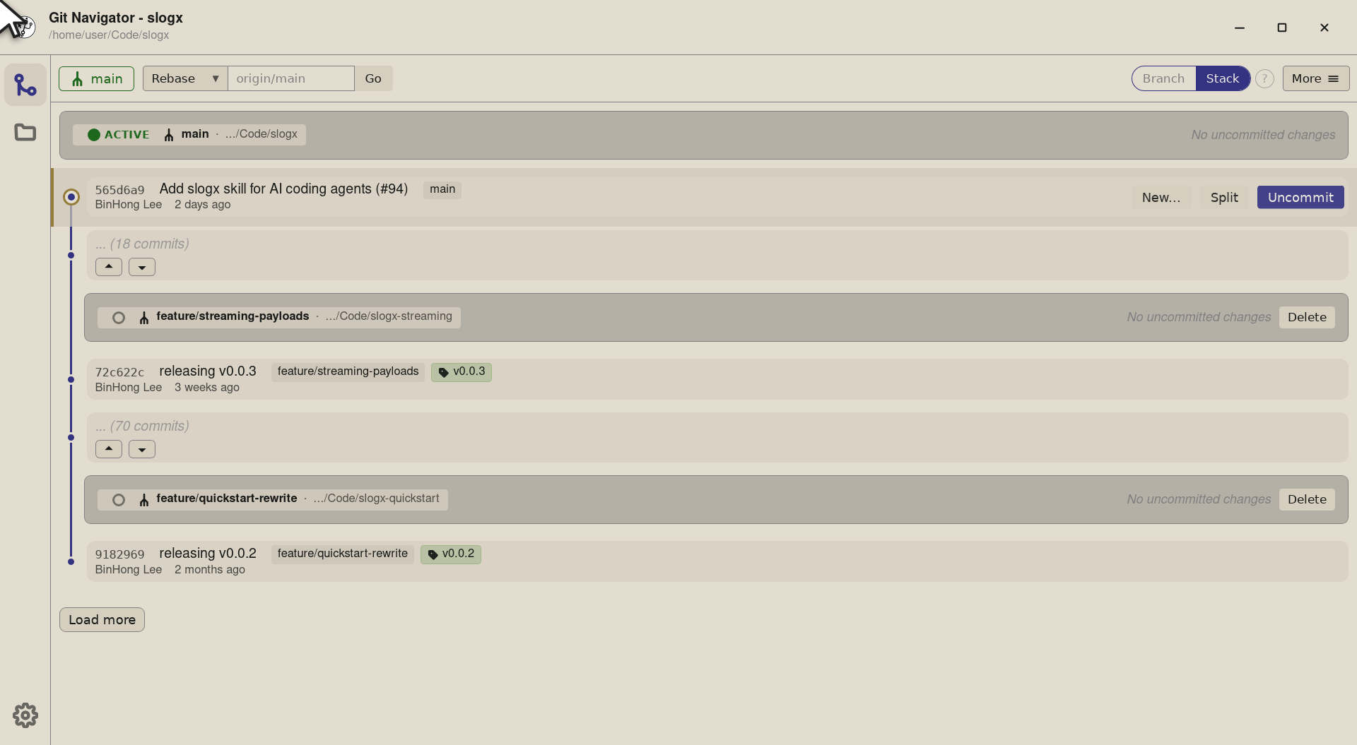 Step 2 — Pick the commit you want the new worktree to start from. Hover the row and a New… button appears — Git Navigator lets yo