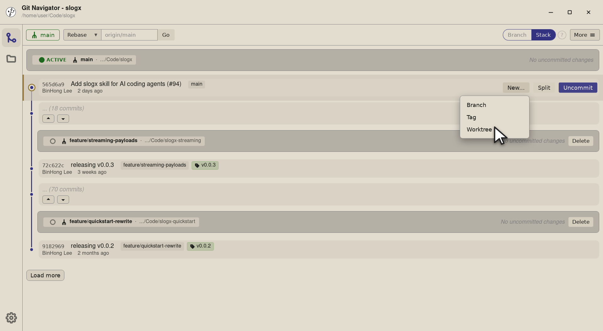 Step 3 — Click New… and pick Worktree. The same dropdown also offers Branch and Tag from the same commit, so the worktree dialog 