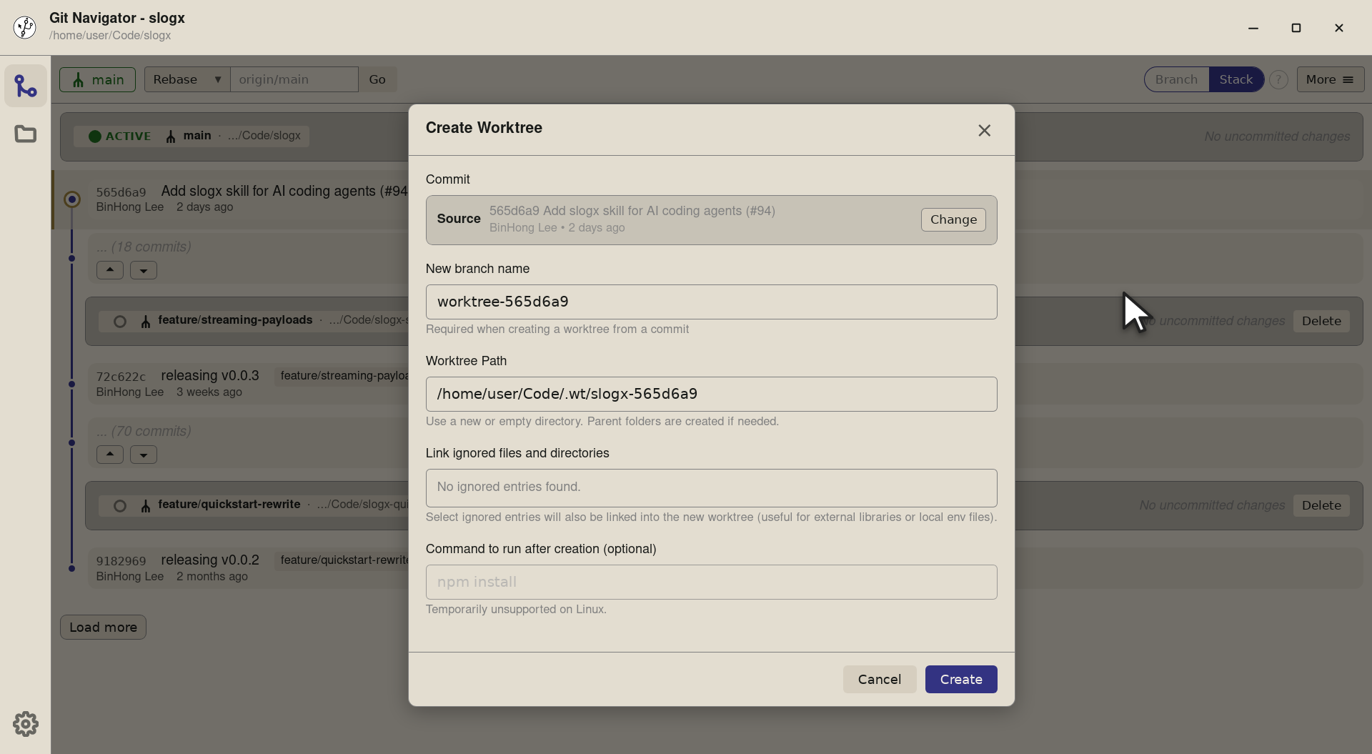 Step 4 — The Create Worktree dialog opens onto the commit you picked. The Source field at the top names the starting point so you