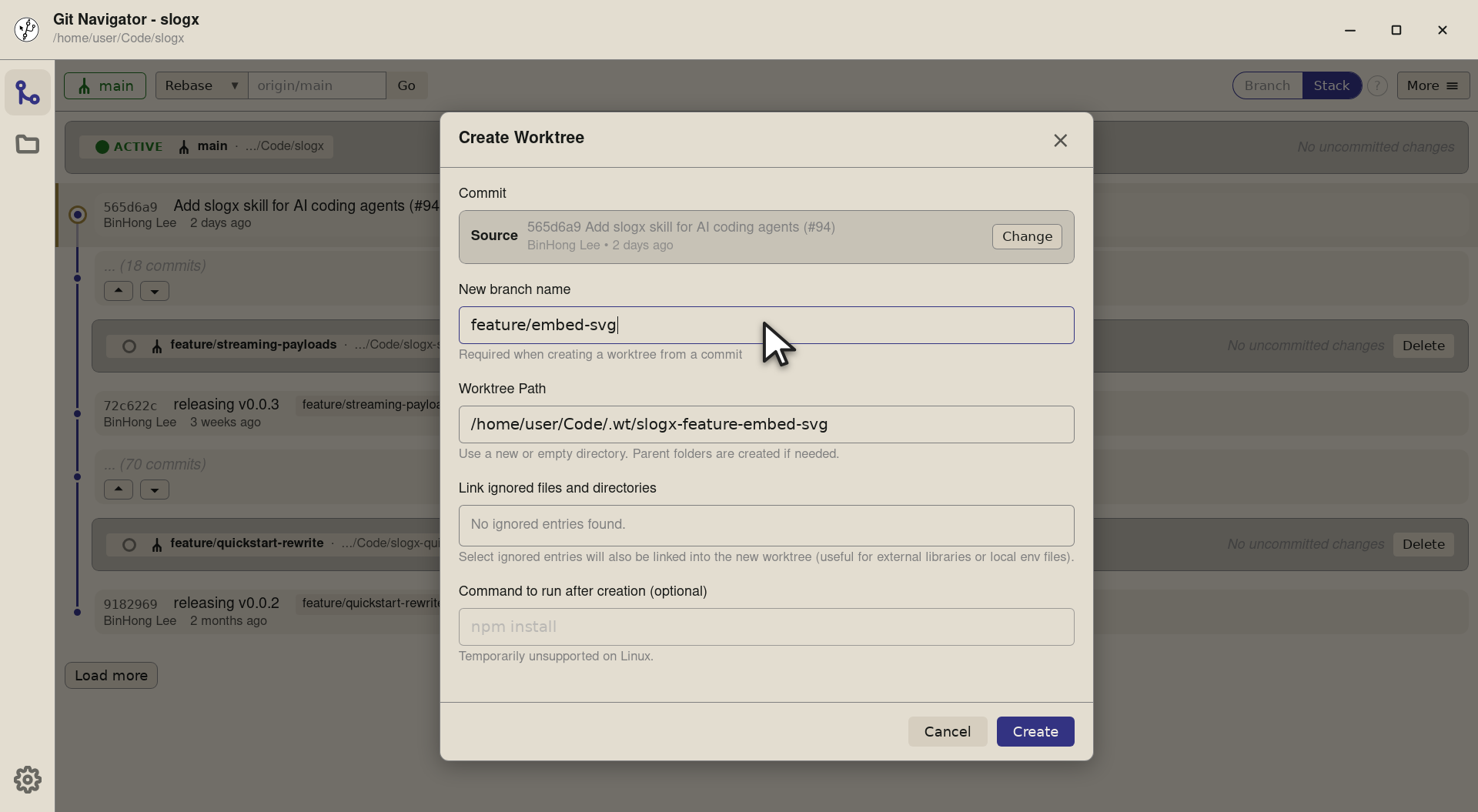 Step 5 — Name the new branch. Git Navigator creates it for you as part of git worktree add, so you don't have to git branch first