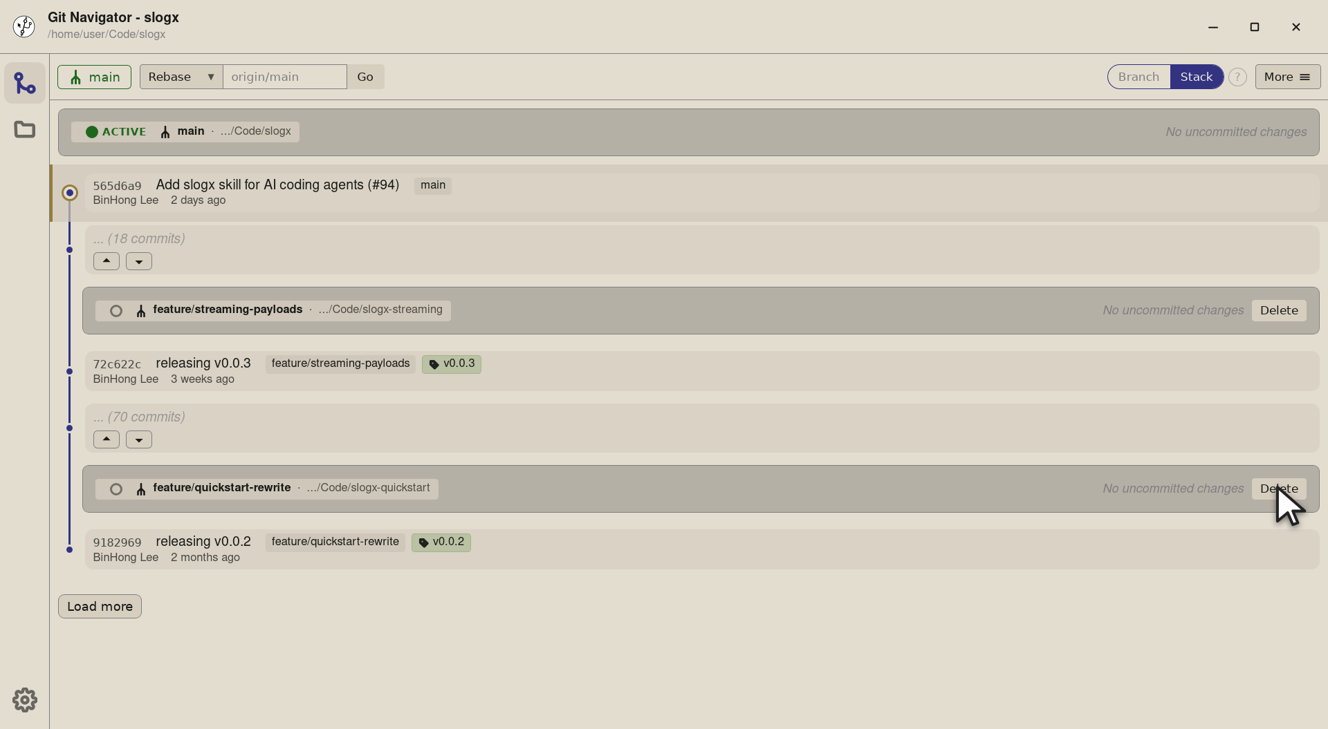 Step 1 — Every worktree row carries an inline Delete button at the right edge — no overlay or context menu to dig through. Pick t