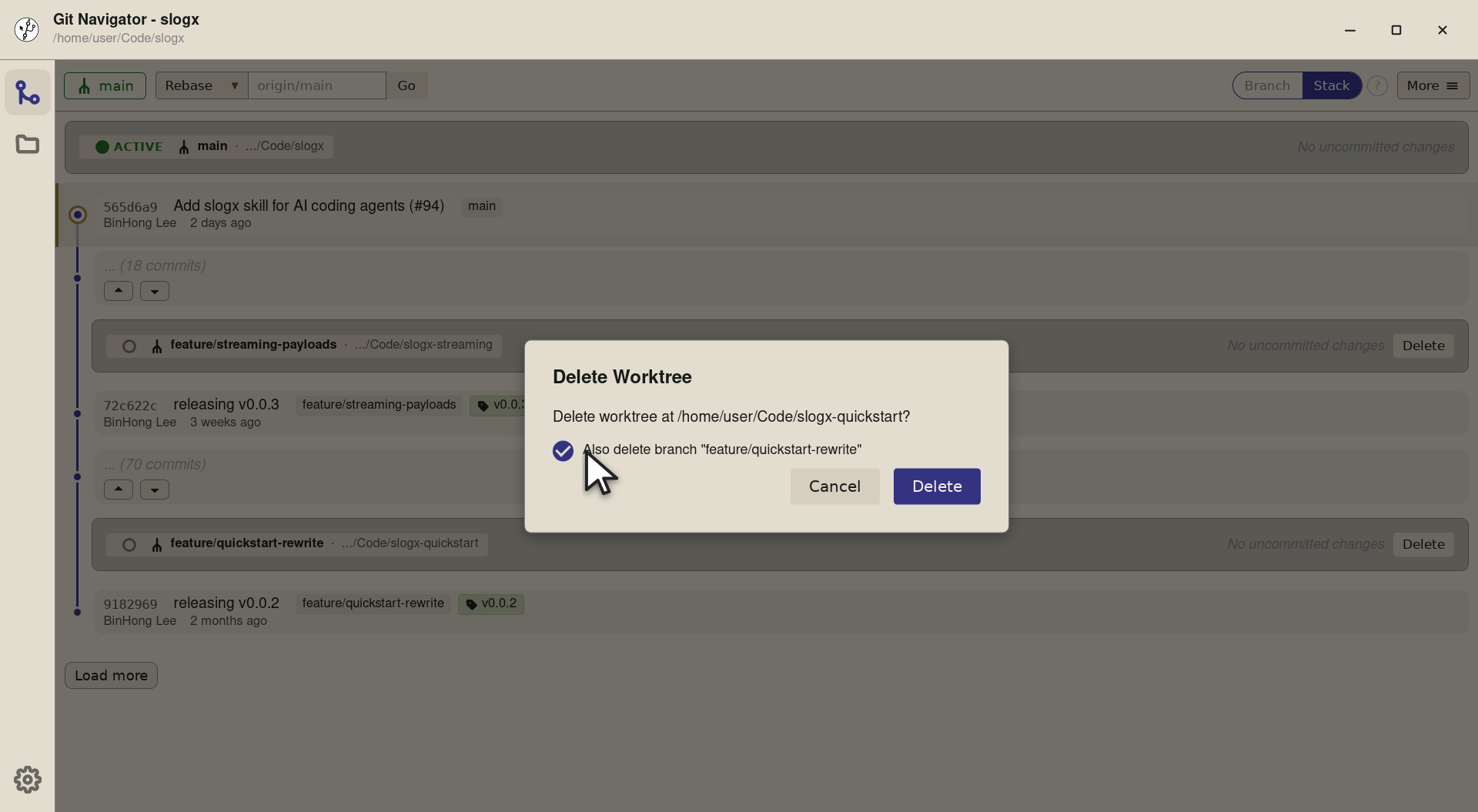 Step 2 — Git Navigator opens a confirmation that names the worktree and offers to delete the branch alongside it. Tick the box to