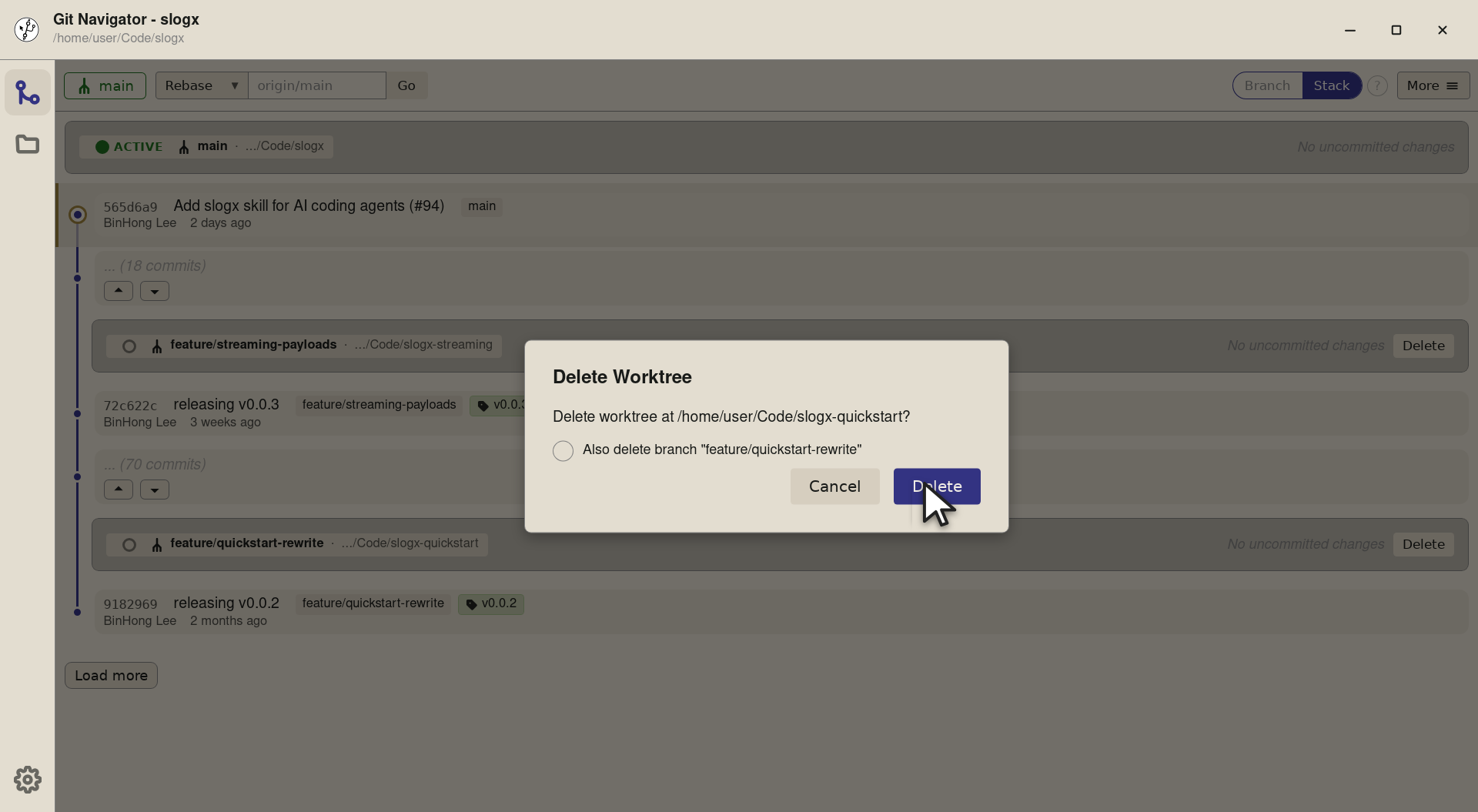 Step 3 — Confirm and Git Navigator runs git worktree remove plus (if you opted in) git branch -D. The row disappears from the gra