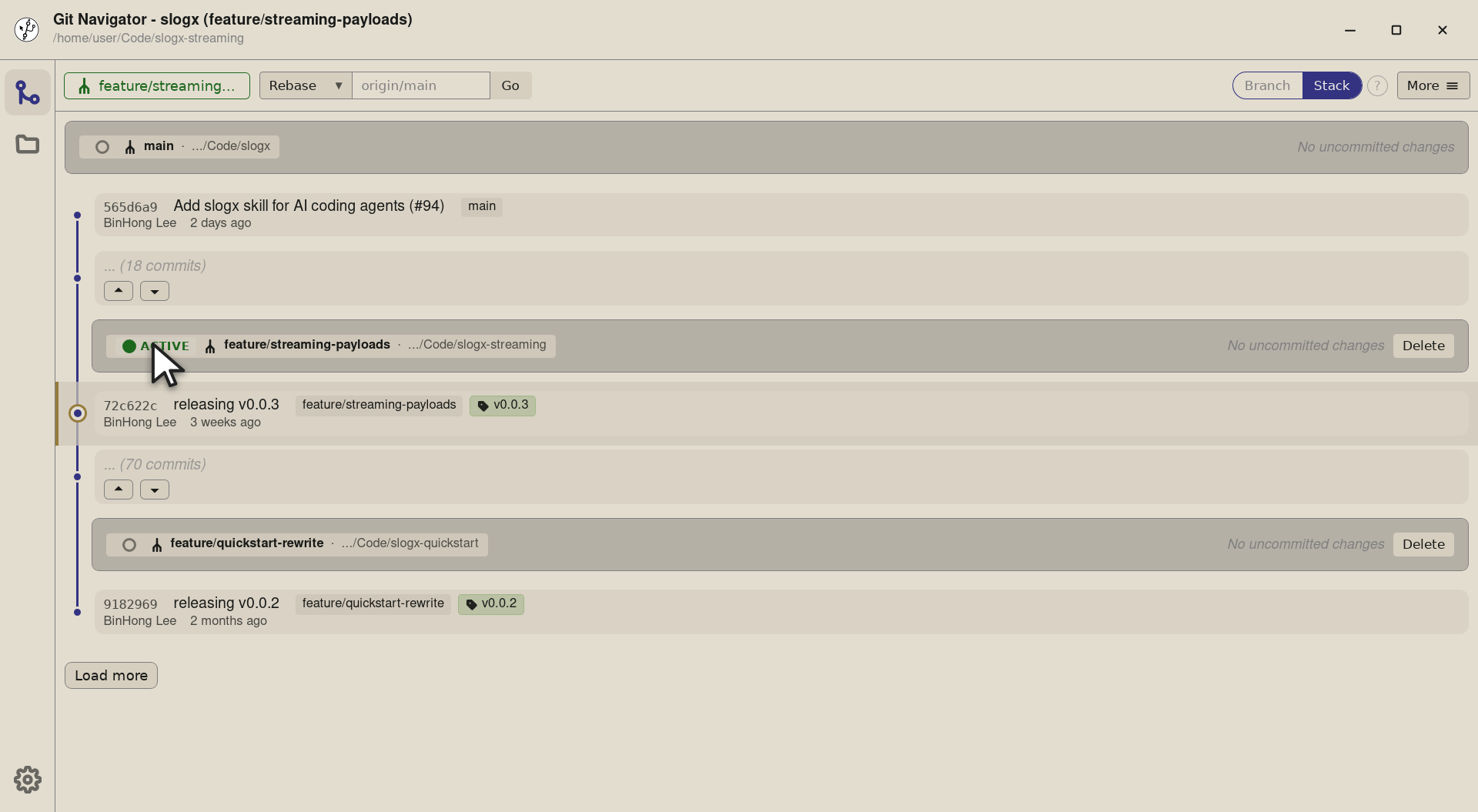 Step 3 — The whole window re-targets the new worktree: the header title and path update to slogx (feature/streaming-payloads), th